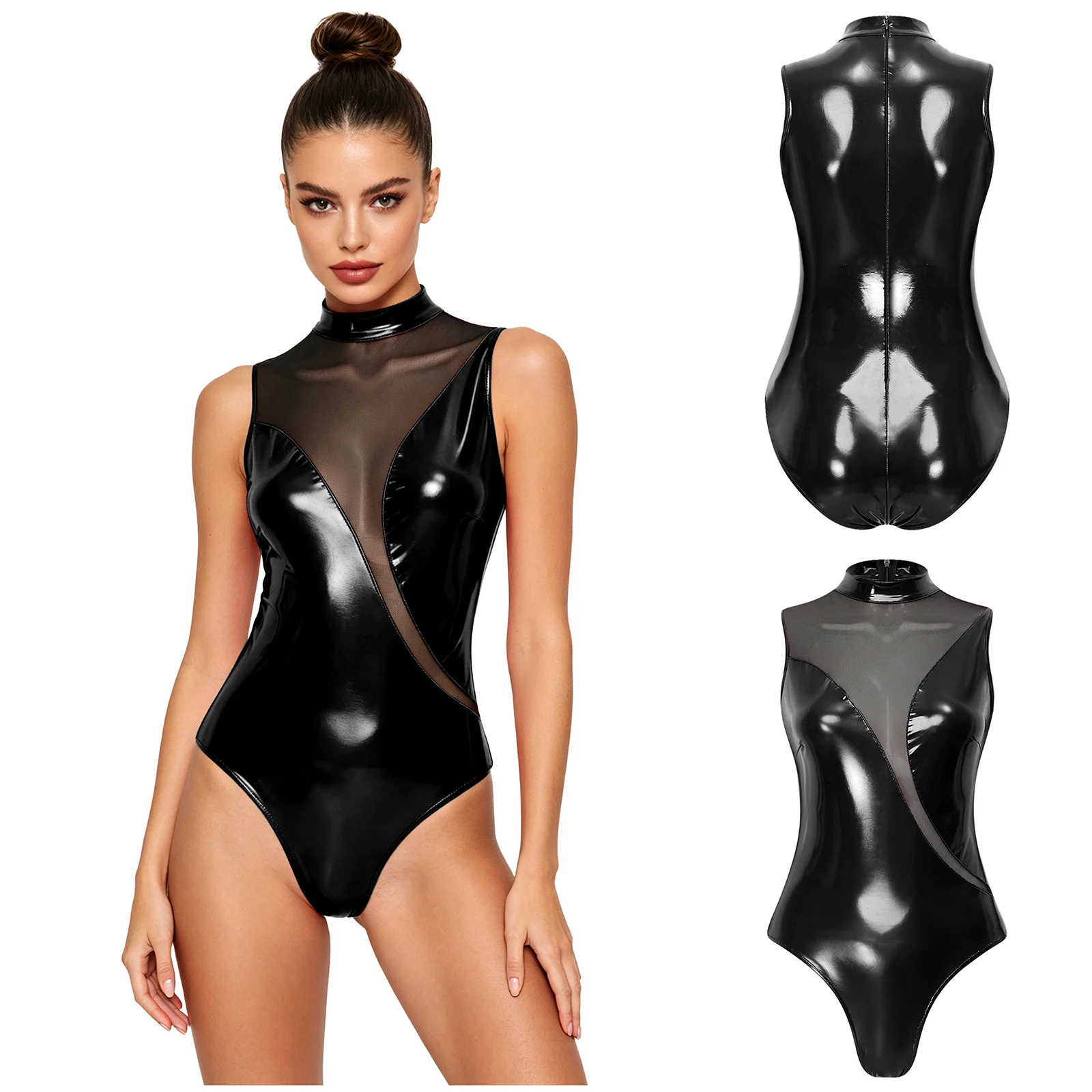 Damen-Bodysuit aus Lackleder mit Stehkragen, ärmellos, Mesh-Patchwork, glänzender Leotard-Catsuit für Party, Nachtclub, Karneval
