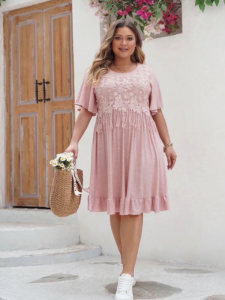 GIBSIE Plus Size Contrast Lace O-Neck Butterfly Sleeve Summer Dress Women 2024 Boho Tassel Casual Ruffle Hem Midi Dresses