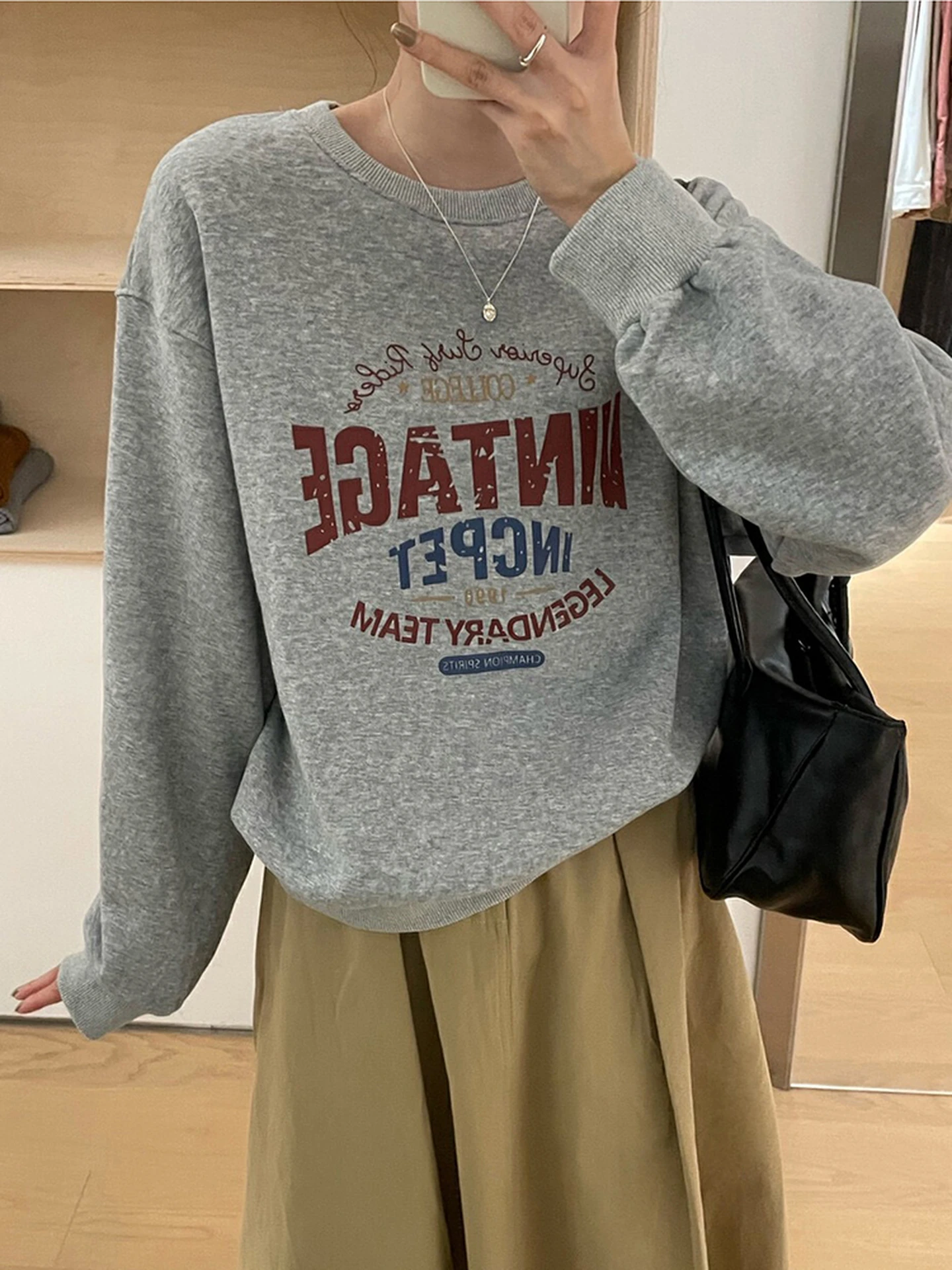 

Loose Fit Shortie Hoodie Women's Spring New round Neck Letter Print Long Sleeve Top Casual Streetwear Cotton Polyester Blend