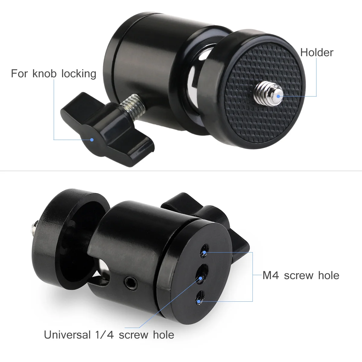 

2 pcs Tripod Head 1/4" Thread Black 2.5Kg Load 360° Pan Camcorder Tripod Compact For Camera Camcorder Mobile Phone Mount