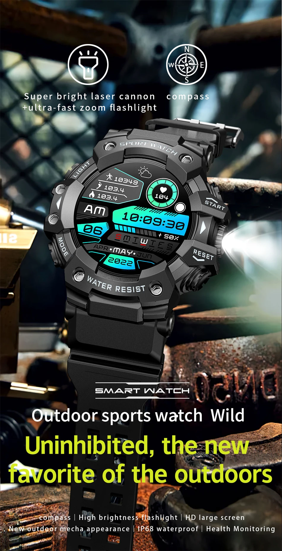 Neue Militär-Sport-Smartwatch für Herren, 100+ Sportarten, Outdoor-Fitness, Kompass, Herzfrequenz, BT-Anruf, wasserdichte Smartwatch für iOS und Android – Detail 1