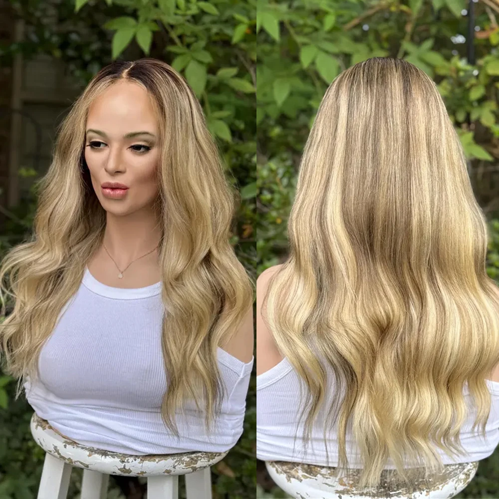 Heat Friendly Premium Fibre Buttery Blonde Balayage Ombre Lace Front Wig Lace Top Wig for Women Natural Hairline Glueless Wig
