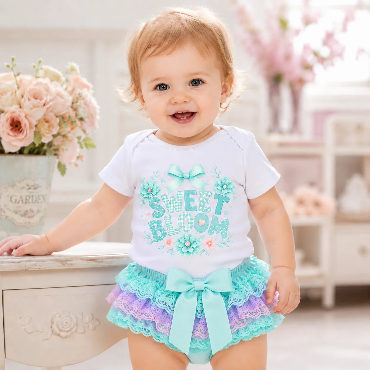 Sweet Bloom Floral Baby Girl Outfit Short Sleeve Bodysuit Lace Tutu Skirt Set Mint Bow Newborn Infant Photography Birthday Party