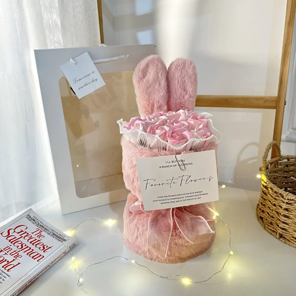 

Birthday Gift Cute Rose Flower Bouquet Artificial Vibrant Color Soap Flower Gift Rabbit Ears Fake Flower Mothers' Day