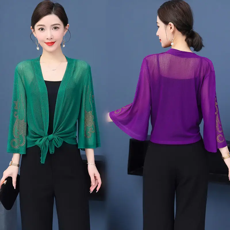 Bolero de encaje verde y morado para mujer, chaqueta de noche para boda, manga 3/4, cárdigan Floral para fiesta de graduación