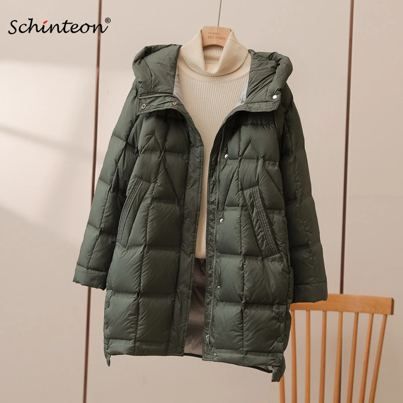 

Schinteon Women White Duck Down Jacket with Hood Casual High Quality Autumn Winter Outwear Korean Style Luxurious Coat 2023 New