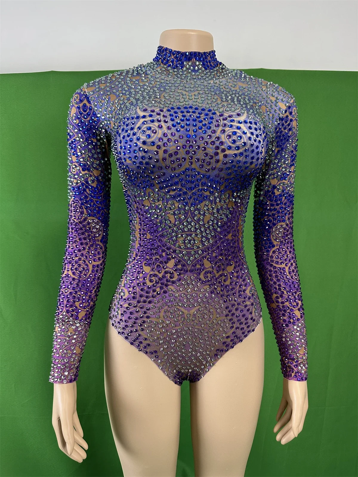 

Women Long Sleeve Rhinestone Sparkly Blue Bodysuits Birthday Queen Outfit Performance Costume