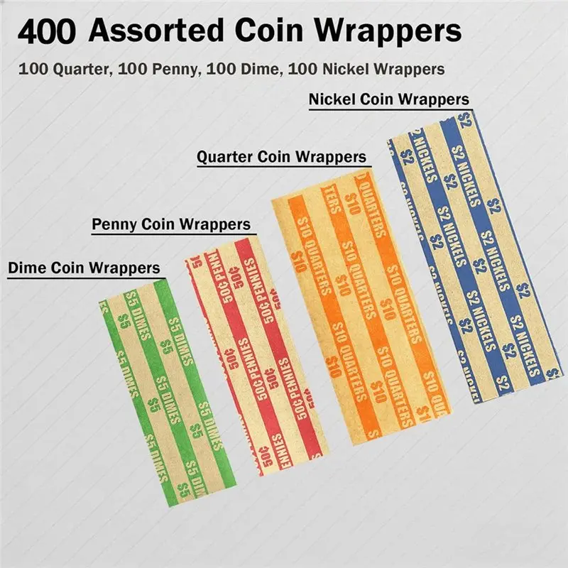 FUA@ 400Pcs Coin Wrappers, 100 Each for Quarters, Pennies, Dimes, Nickels, Assorted Striped, Standard Size