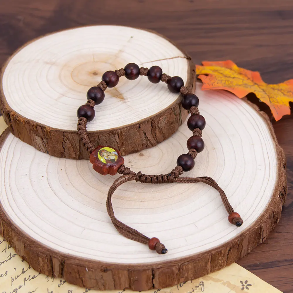 HTISOK Handgefertigtes Holz-Rosenkranz-Armband mit Jesus- und Maria-Anhängern – Katholischer Andachtsschmuck für Gebete, spirituelle Geschenke – Detail 9