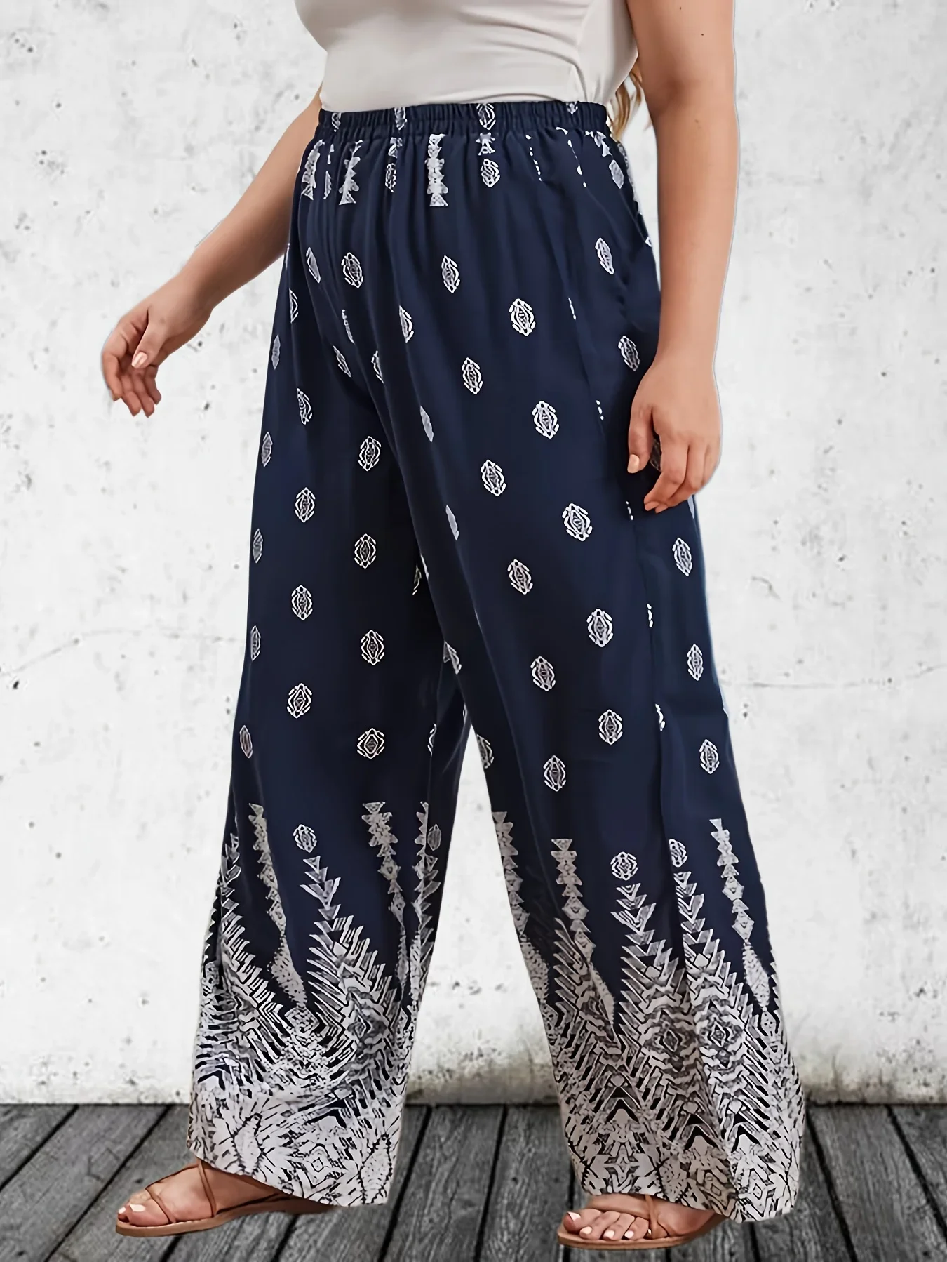 Damskie Plus Size 1XL-5XL Casual Printed Wide Leg Pants Ladies Fashion Loose Fit High Waisted Elastic Long Pants