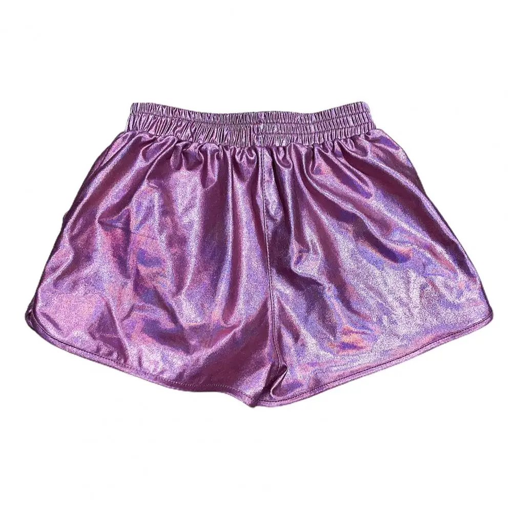 Shorts brilhantes de cintura alta femininos com bolsos, couro sintético, elástico na cintura, superfície brilhante, macio, elegante