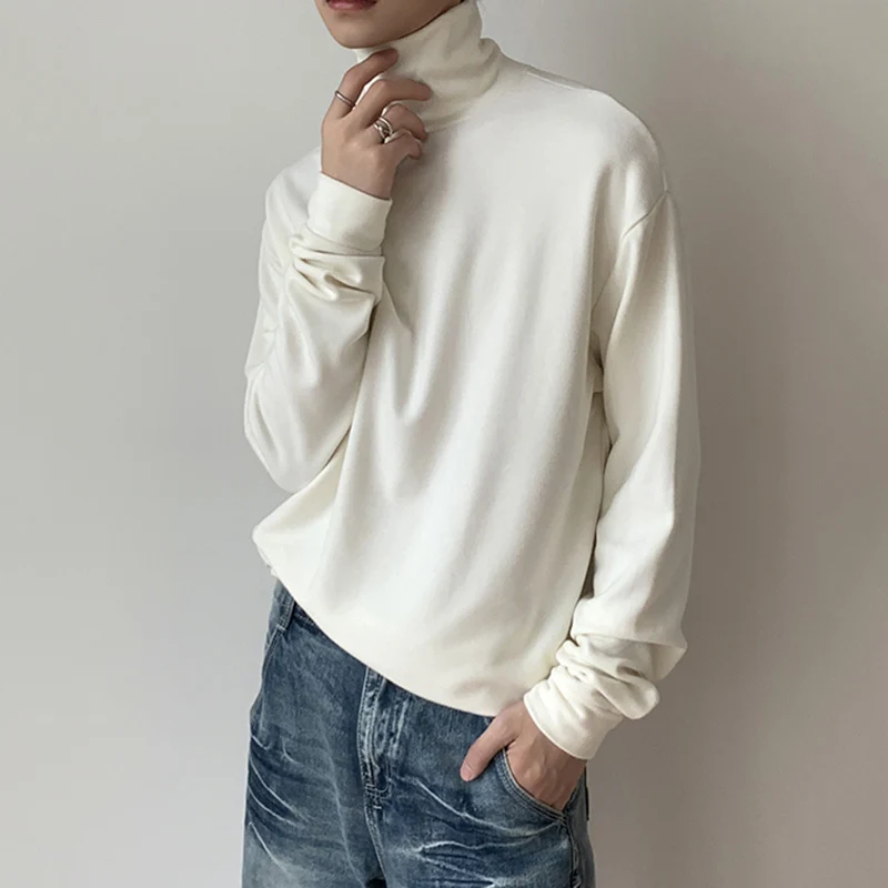 IEFB Simple Men's T-shirts Slim Turtleneck Solid Color Long Sleeved Tops Casual Pullover Heaps Collar Male Tees Korean 9C8283