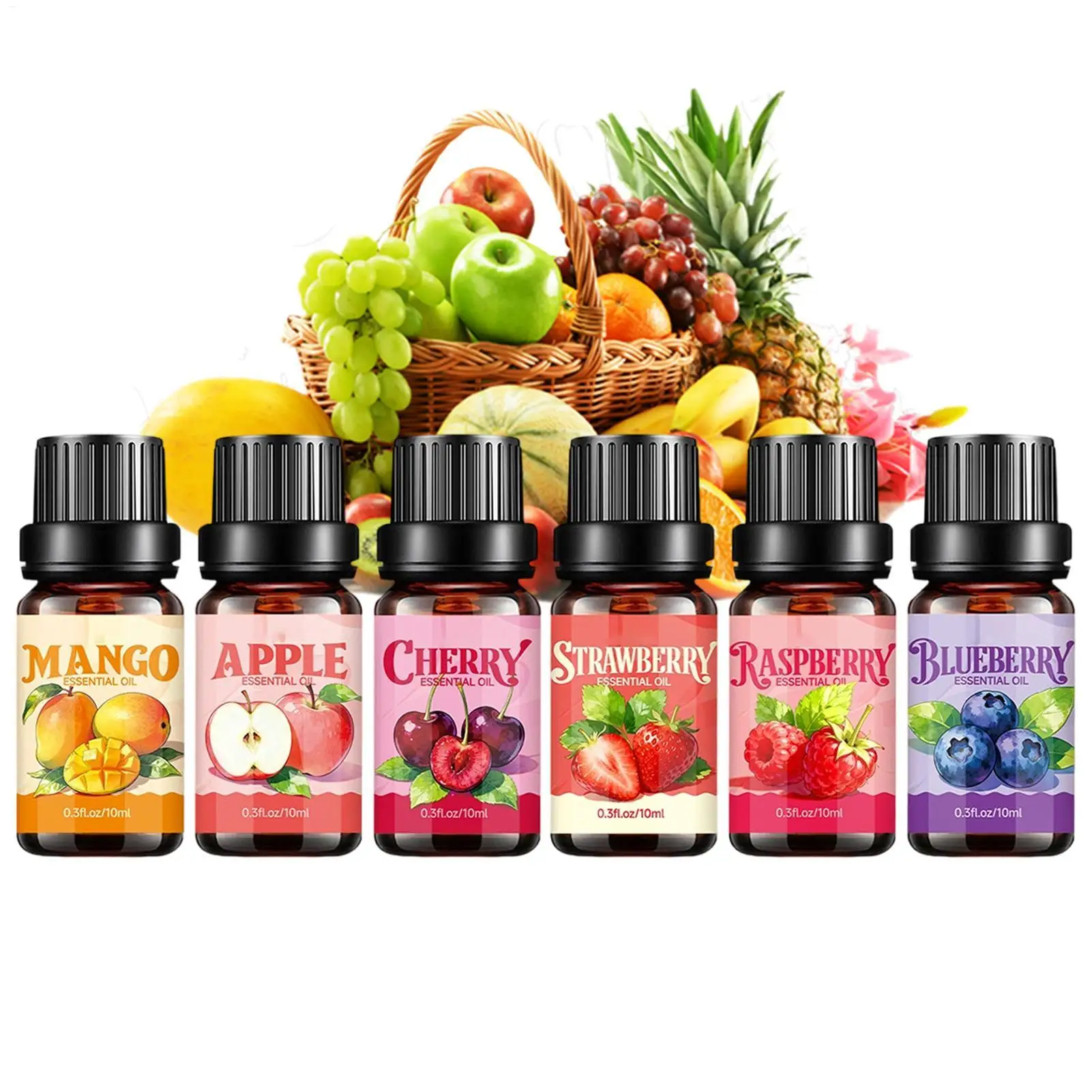 

6pcs Fruit Fragrance Oil Natural Herbal Extract Lasting Scent Air Freshening Diffuser Skincare Mango Cherry Strawberry raspberry