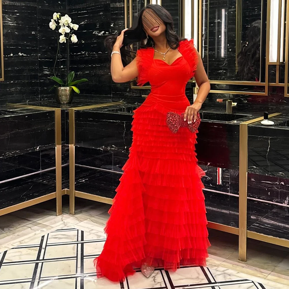 

Temperament Tiered Pleats Sweetheart Prom Gowns Modern A-Line Spaghetti Straps Organza Red Evening Dresses vestidos de fiesta