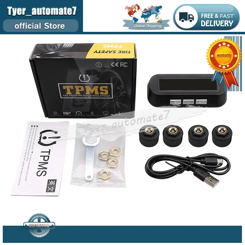 

Tire Pressure Monitoring System With 4 External Sensors Temperature Warning Digital Manomet Car Tyre Pressure Monitor Solar TPMS