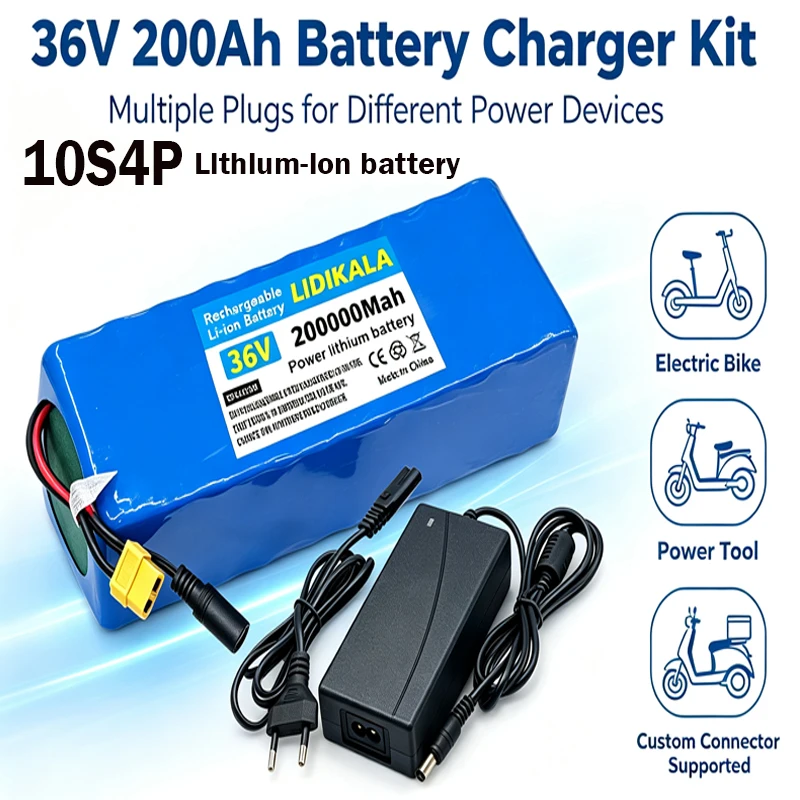 Batteria agli ioni di litio da 36V 200000mAh 10S4P 200Ah con BMS integrato, batteria di ricambio ad alta capacità per monopattino elettrico da 500W e bicicletta elettrica + caricabatterie da 42V