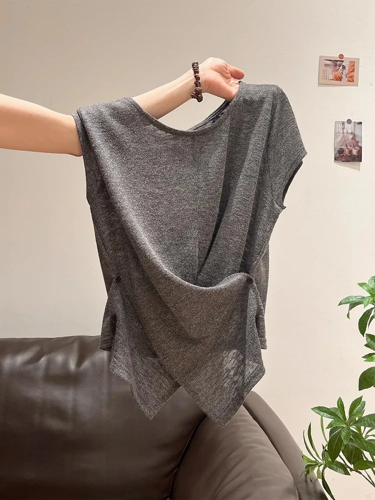 

ay Unique Asymmetric round Ne Svel T-irt Women's Summer New Slimming Waist Design Faionable Top Korean Sle