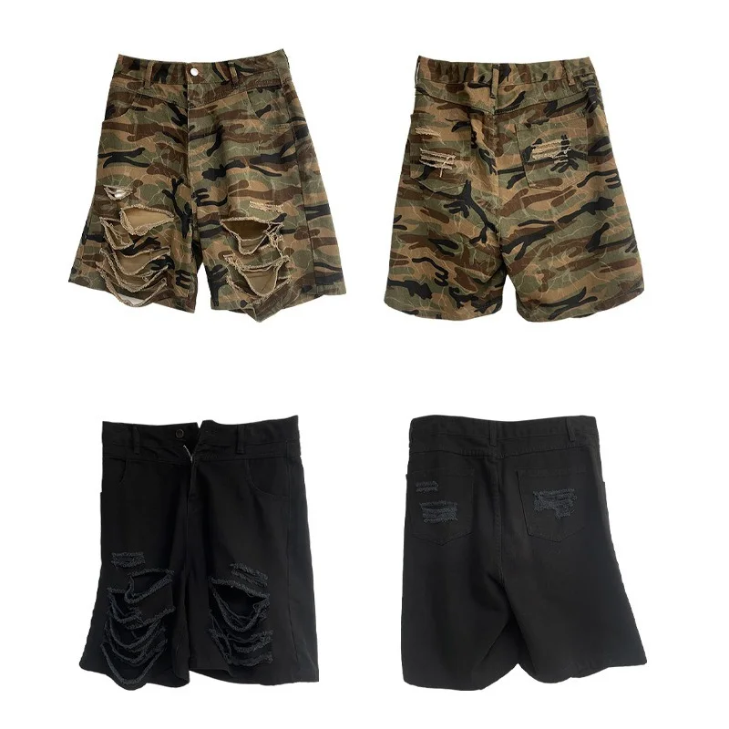 Benuynffy Camouflage Print Ripped Denim Shorts Women 2026 Summer New American Streetwear Mid Waisted Loose Wide Leg Half Pants view 6