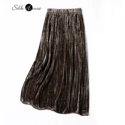 Advanced Pressure Pleated 30% Natural Mulberry Silk Velvet Retro Elastic Waist Women's Fashion Khaki Green Straight Tube Skirt