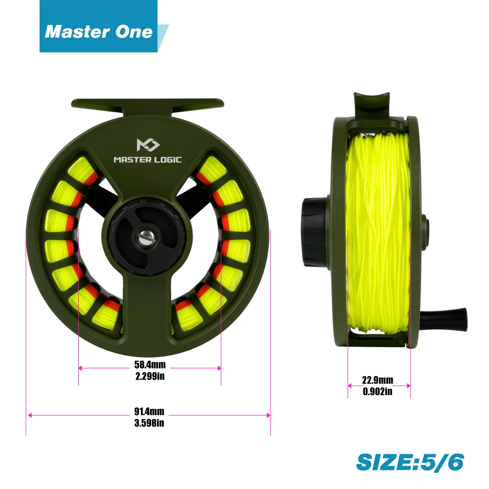Master Logic 5/6WT Fly Reel Large Arbor Aluminum Fly Fishing Reel with Fly Lines Combo Left/Right Hand Switch  Fly Reel