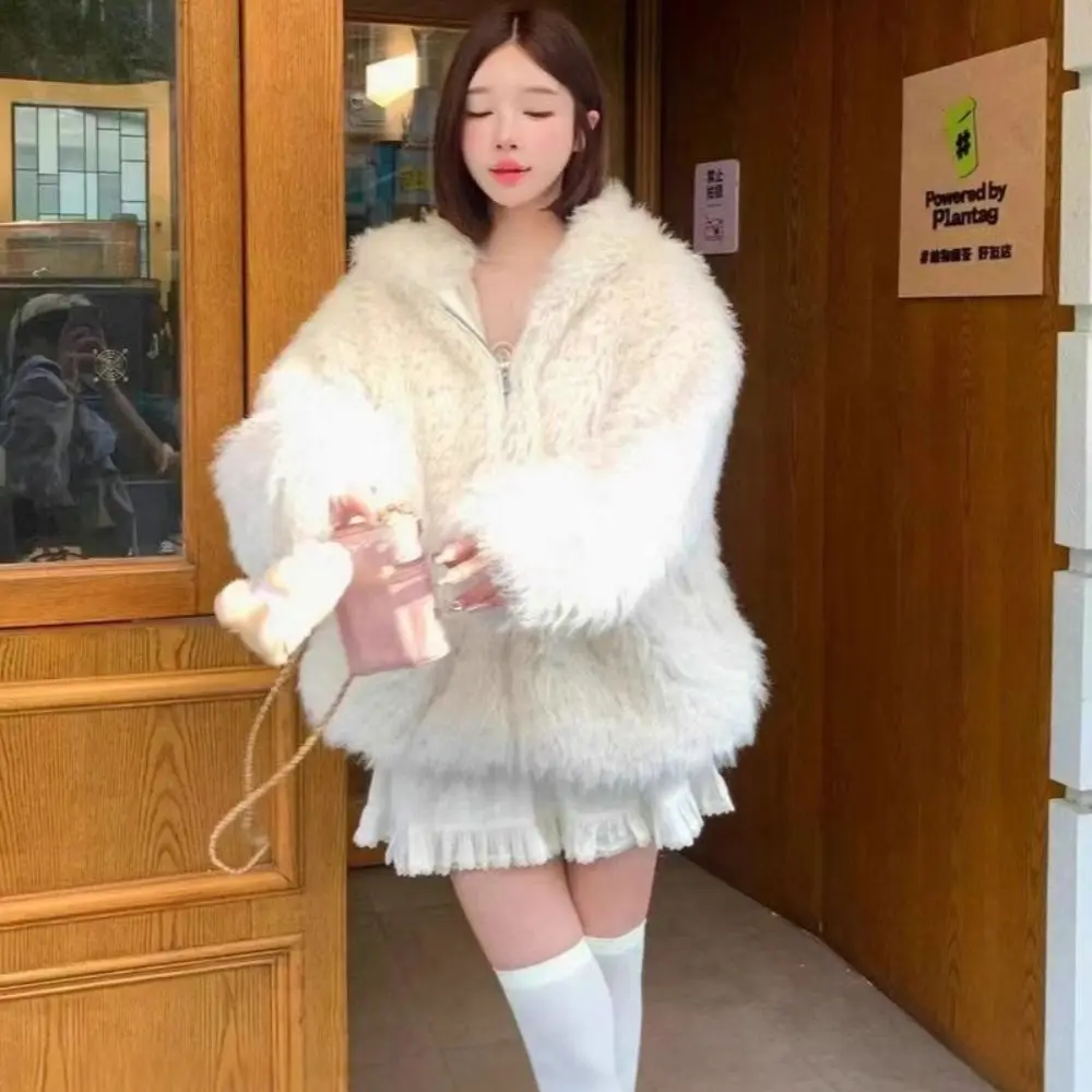 

Long Sleeve Imitation Lamb Wool Hoodie Winter Autumn Ladies Top Rabbit Ear Hoodie Thick Warm Kawaii Plush Coats Streetwear