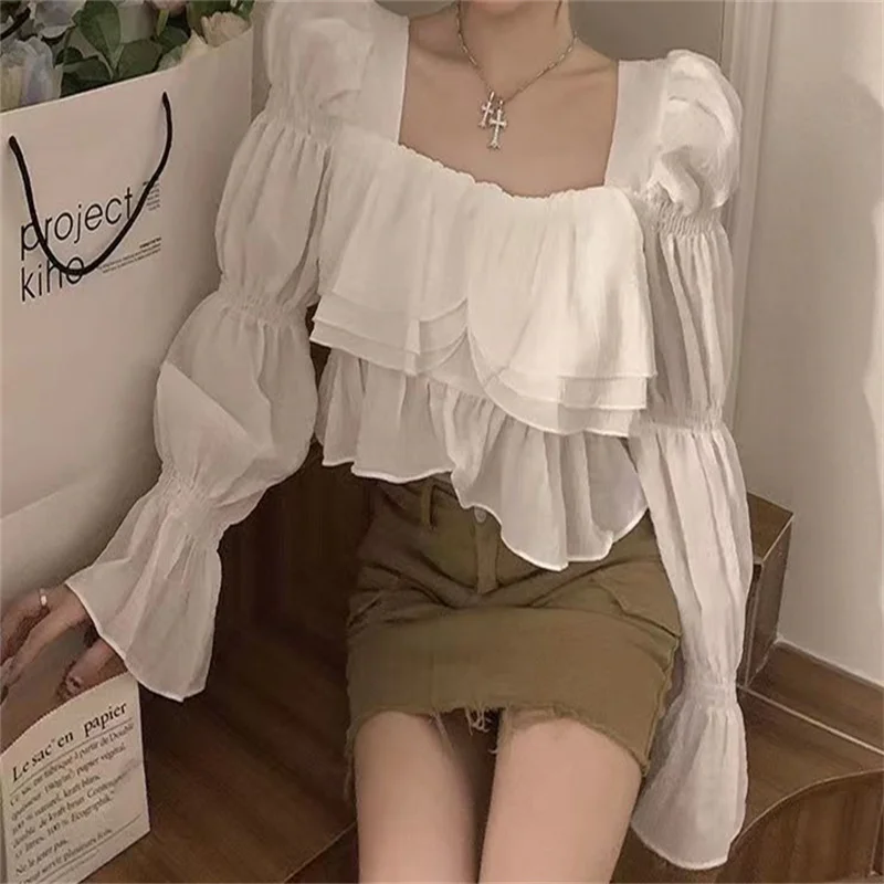 Long Flare Sleeve Blouses Women Elegant Ruffles Crop Top Sweet Korean Casual Purple Solid Fashion Ladies Fairycore  All-match