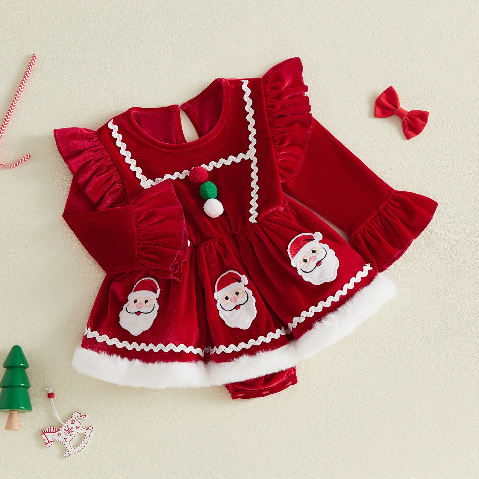 Baby Girl Christmas Romper Dress Santa Claus Embroidery Velvet Bodysuit with Headband Xmas Costume