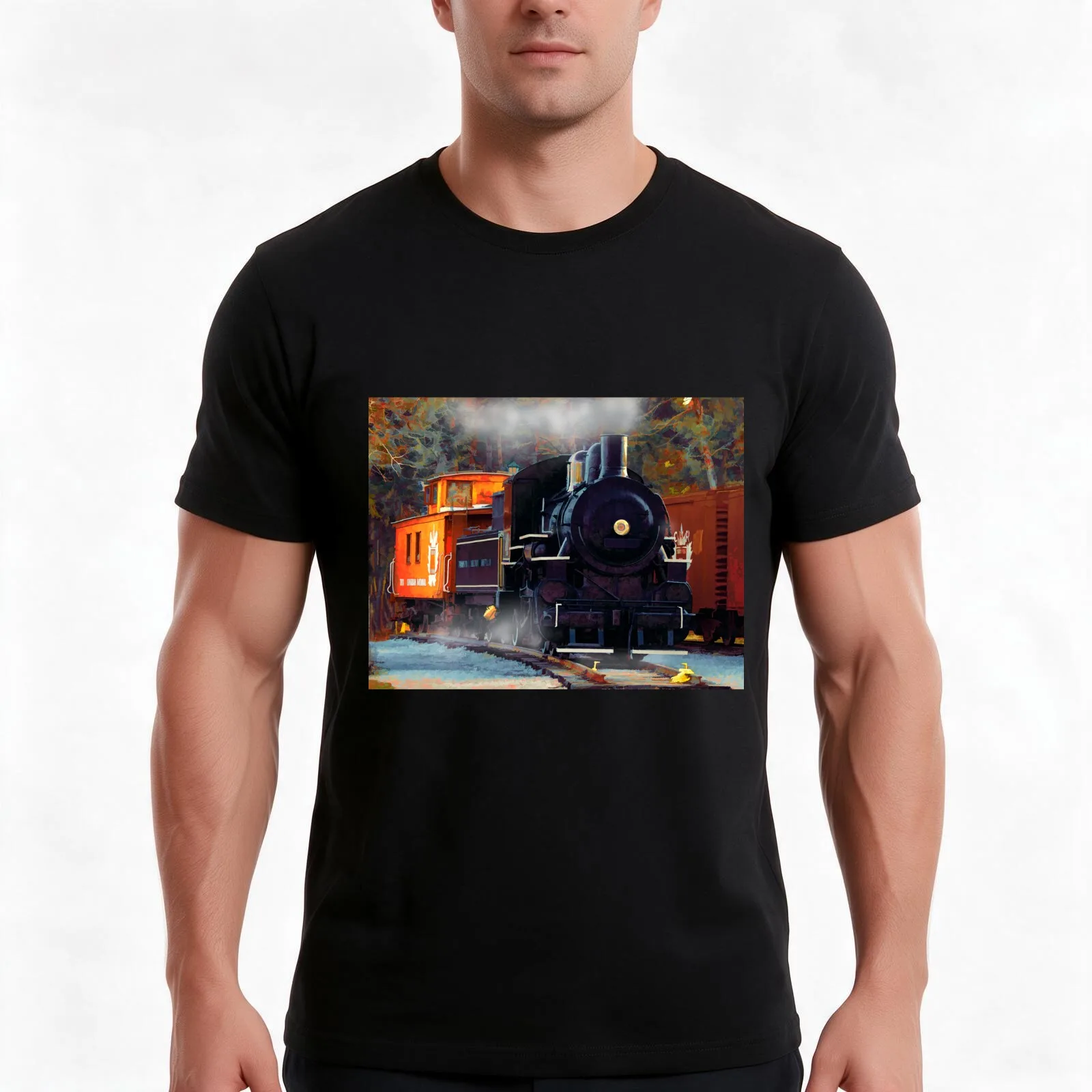 The Rail Yard - Steam Train T-Shirt, Summer Casual Cotton Tee, Oversized Streetwear Tops, Vintage Graphic Print, 100% Cotton