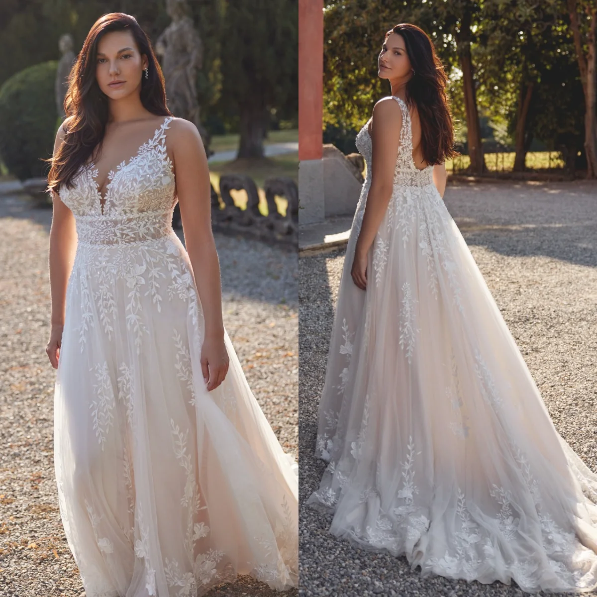 

Свадебные платья А-силуэта на заказ с прозрачным V-образным вырезом, кружевными аппликациями, пляжные, больших размеров, Vestidos