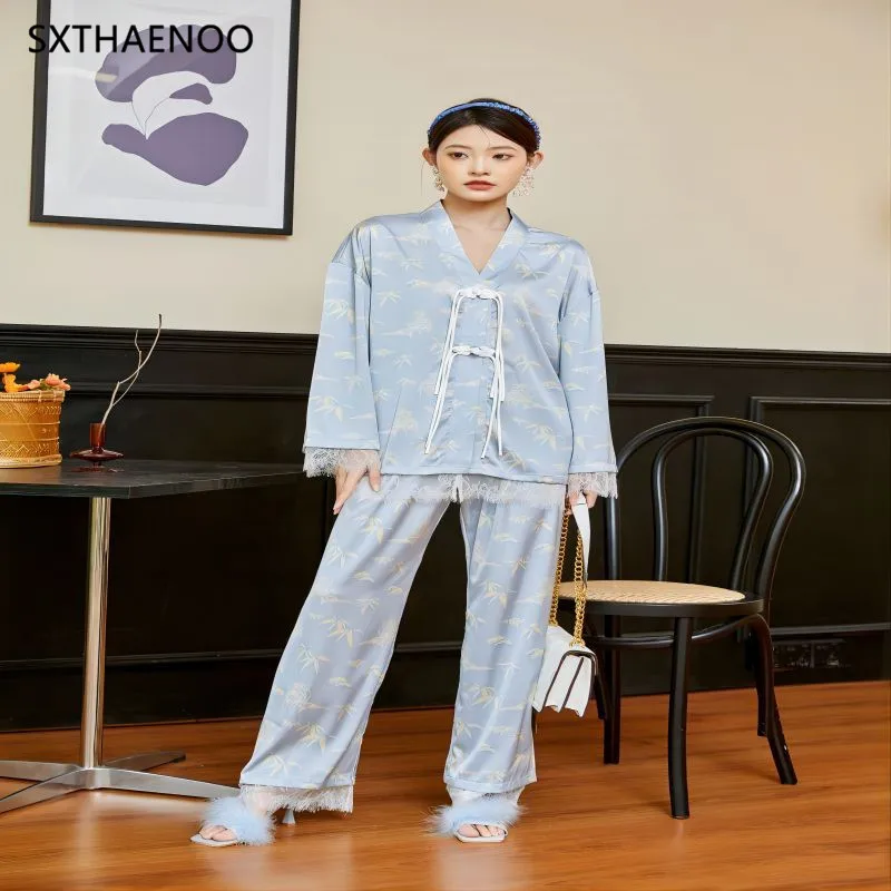 SXTHAENOO Spring Autumn Set Printed Bandage  Sleepwear Blue Simple Women Long Sleeve+Pants 2Piece Set Homewear Ladies Pajamas