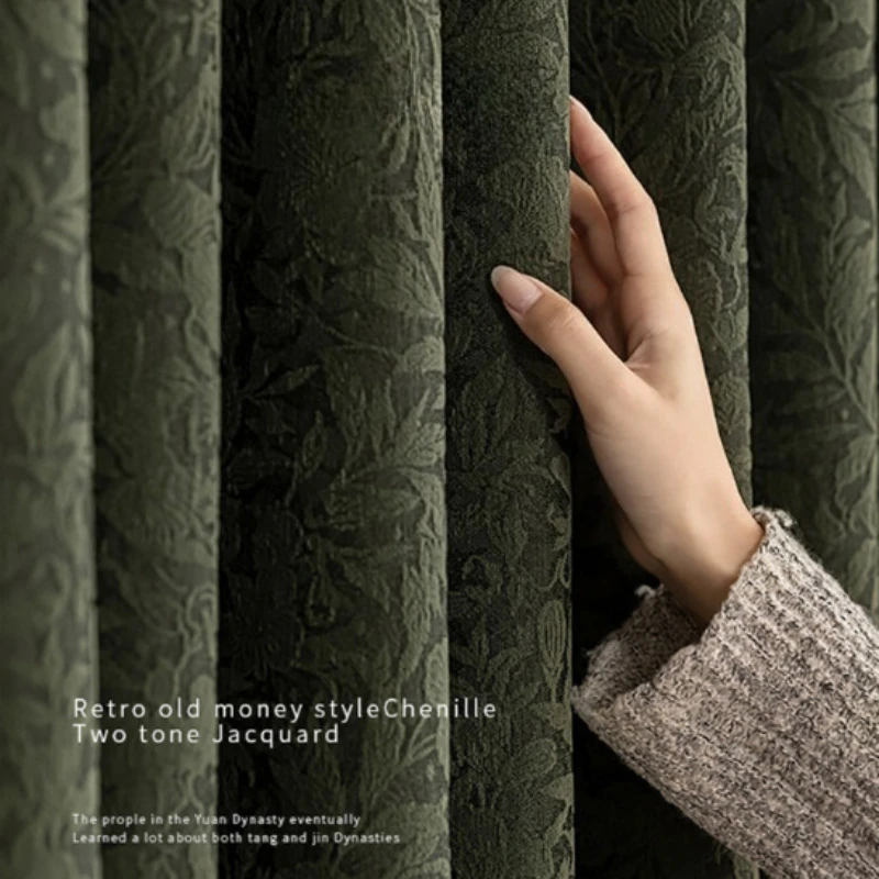 Retro Green Jacquard Chenille Blackout French Light Luxury High-end Mid-century Style Curtains for Living Dining Room Bedroom