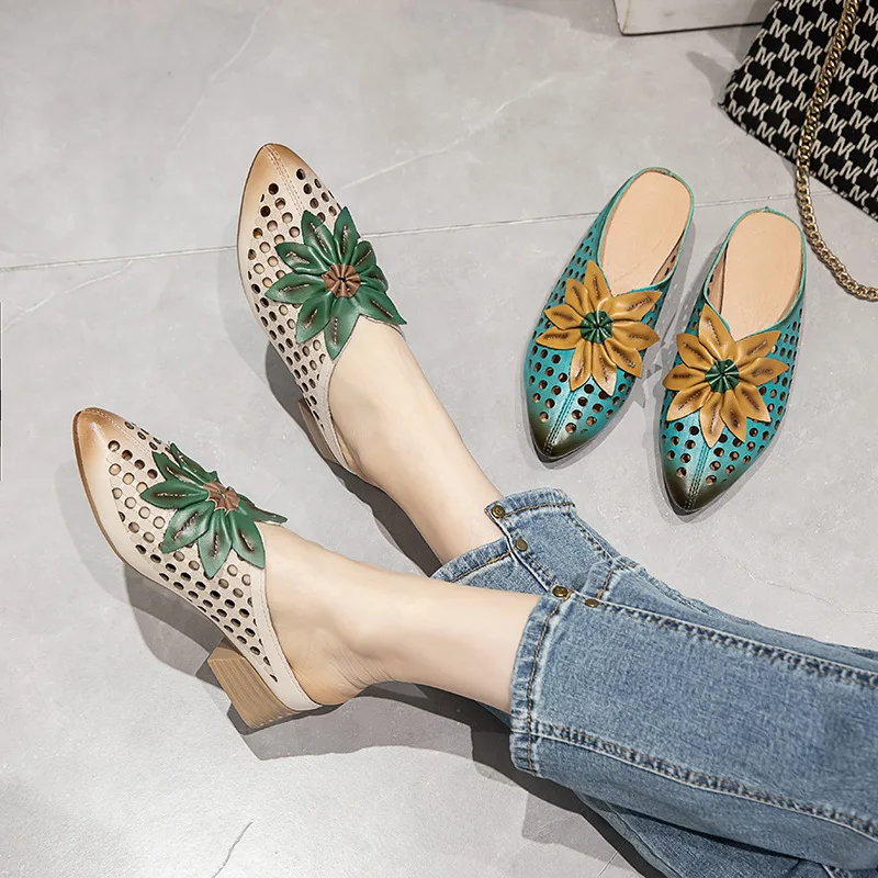 

Women's Slippers,Sandals Breathable Hollow Out Leather Shoes Med Heel Ladies Casual Daily Easy Wear Slip-on Shoes Retro Style