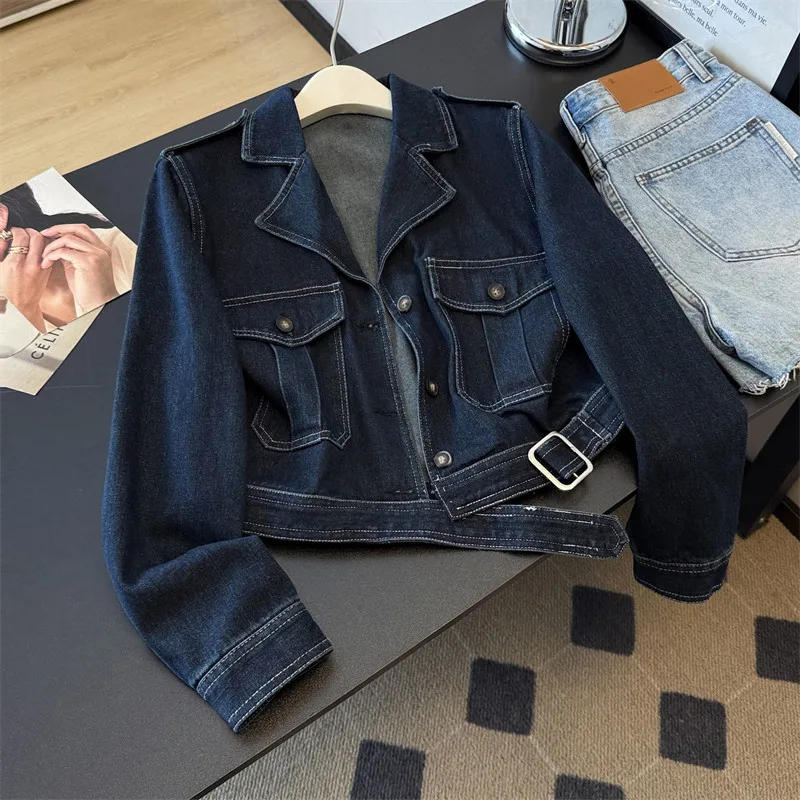 

Vintage Dark Blue Short Denim Jacket With Sashes Notched Collar Single-Breasted Long Sleeve Spring New Female Jeans Jacket Coat