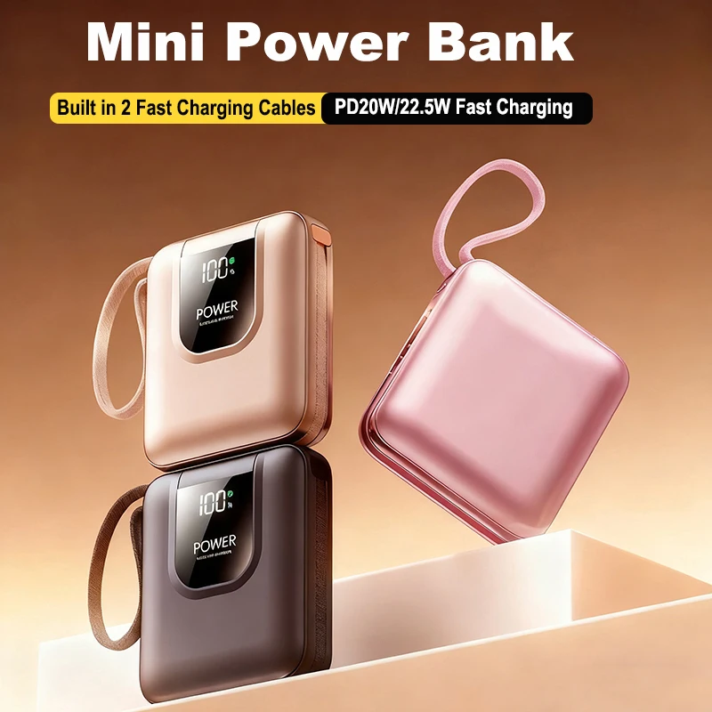 

Mini Power Bank 20000mAh Built in Cable Portable 22.5W Fast Charger Powerbank for iPhone Samsung Huawei Xiaomi External Battery