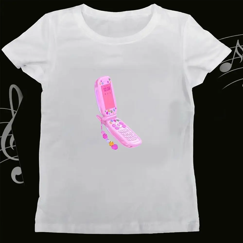 2000s Y2k Pink Flip Phone Graphic T-Shirt Women Summer Short Sleeve Retro Mobile Print Vintage Tops Female Casual Harajuku Tops