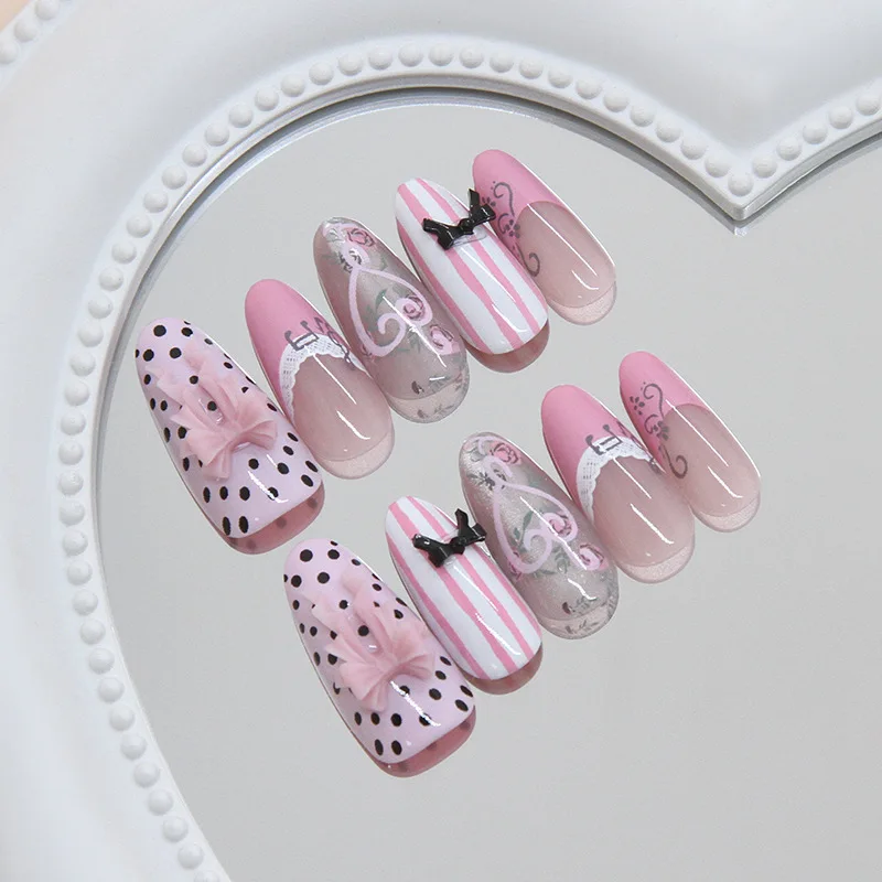 24 piezas uñas postizas rosadas dulces con moños, francesas almendra brillantes, estilo coreano 2