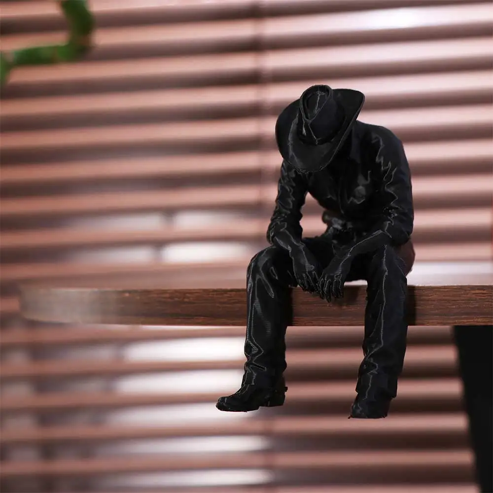 Western Style Sad Sitting Cowboy Sculpture 3D Printed Vintage Cowboy Figurine Ornament Pensive Lonely Hanging Head Cowboy Statue