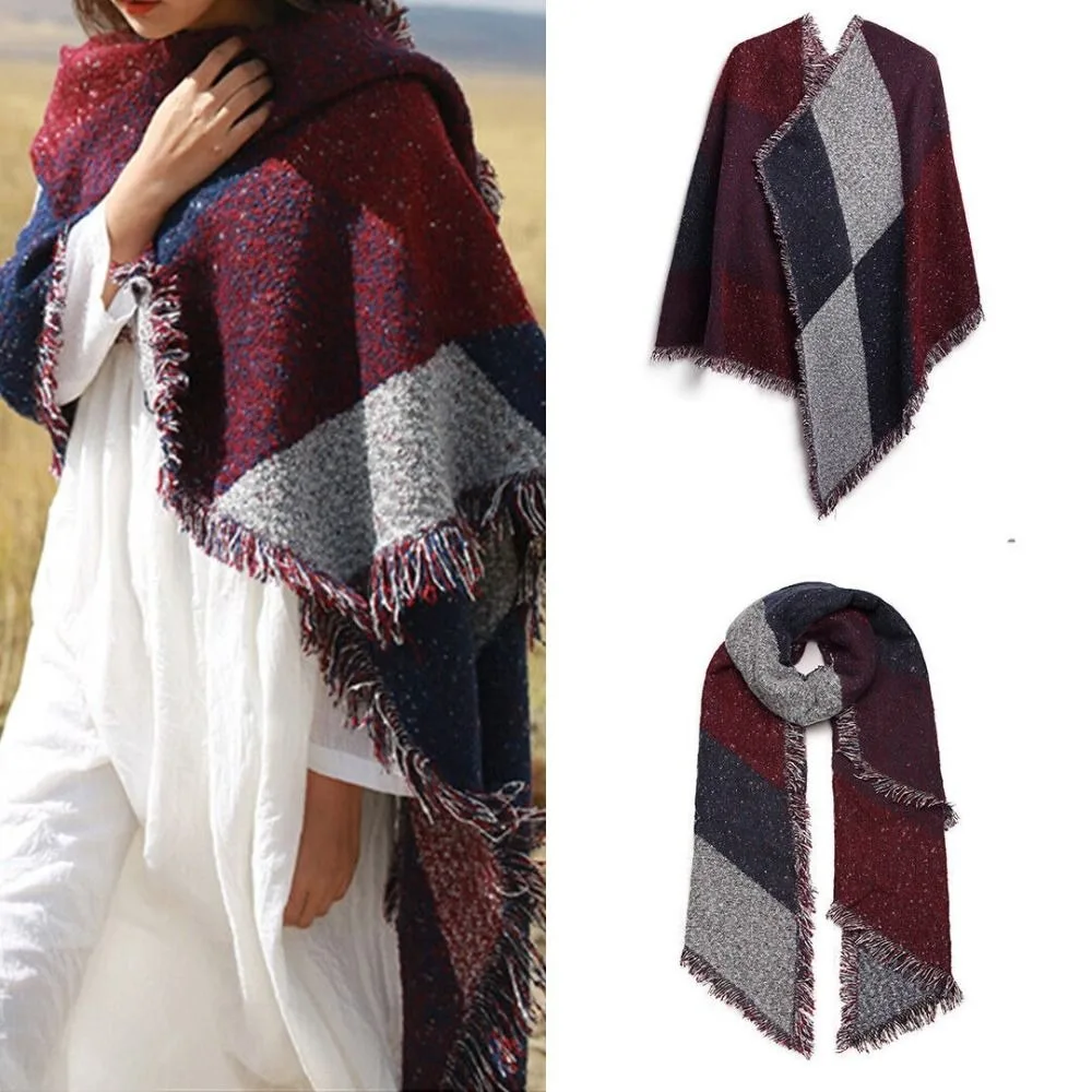 New Contrast Color Shawl Scarf Multi-Purpose Thickned Tassel Scarf Warm Womens Cape Women