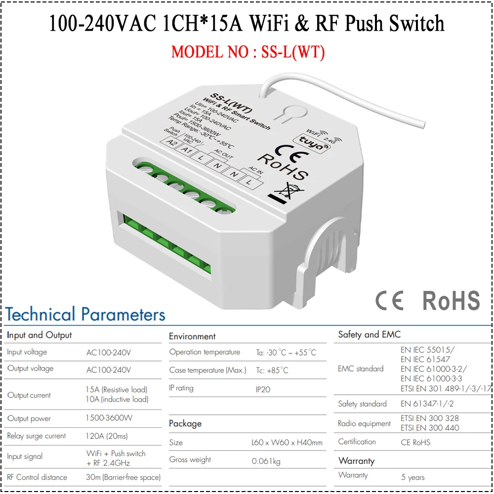 CENFAYA Mini WiFi RF Smart Switch Relais 1 Kanal 15 A 3600 W Hausautomation Kompatibel mit Alexa Google Home Kein Hub erforderlich