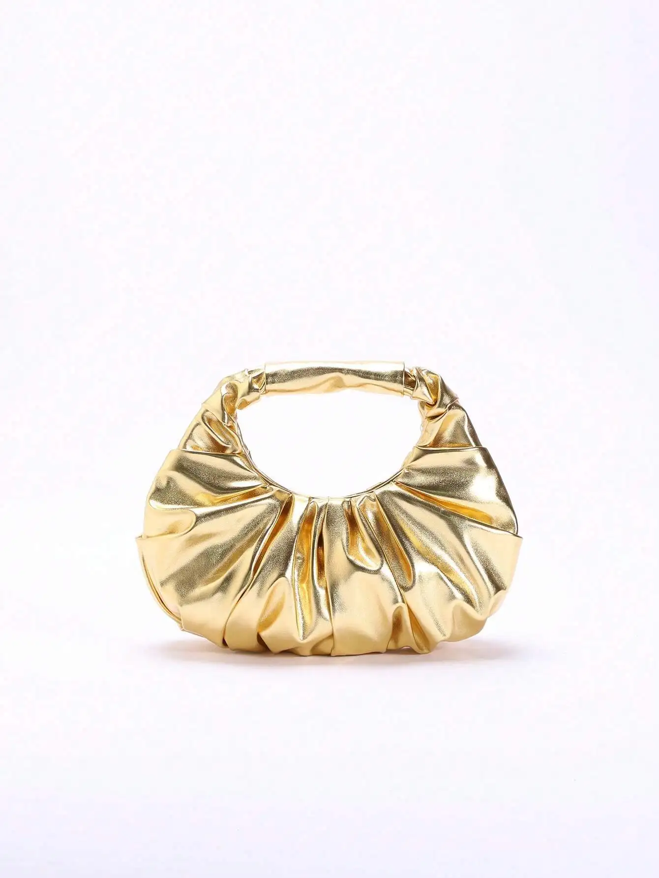 

Gold Metallic Ruched Mini Handbag with Top Handle, Foldable Design