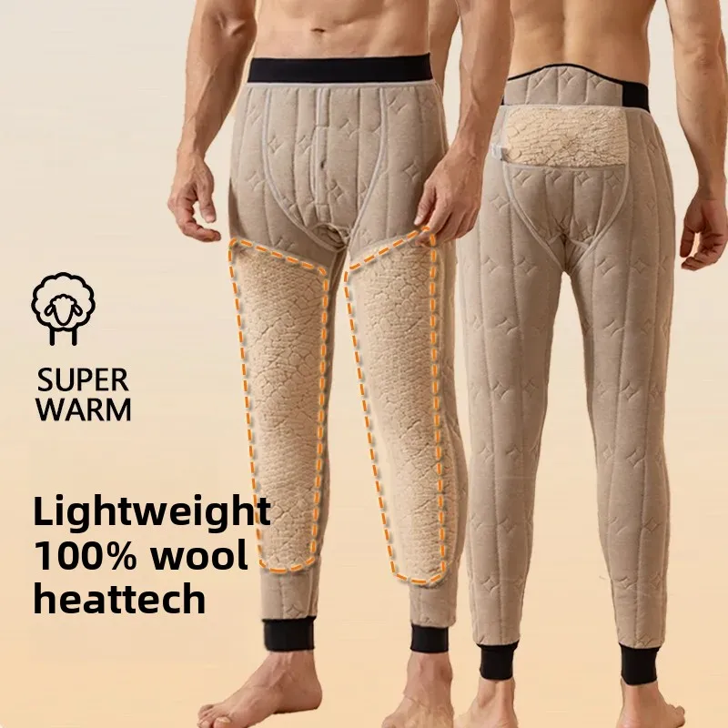 Pantalones térmicos de lana para hombre, forro polar grueso, cintura alta, acolchado hasta la rodilla, pantalones de otoño a prueba de viento, ropa interior para el hogar