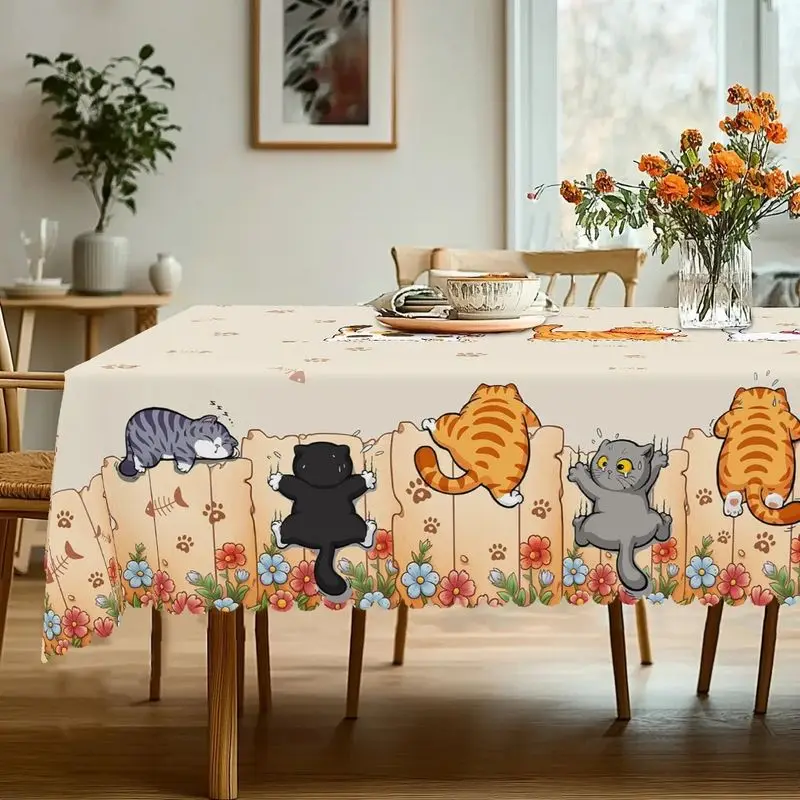 VIKAMA Cute Cartoon Cat Paw Print Rectangular Tablecloth Waterproof Washable Farmhouse Dining Kitchen Decor Table Cover