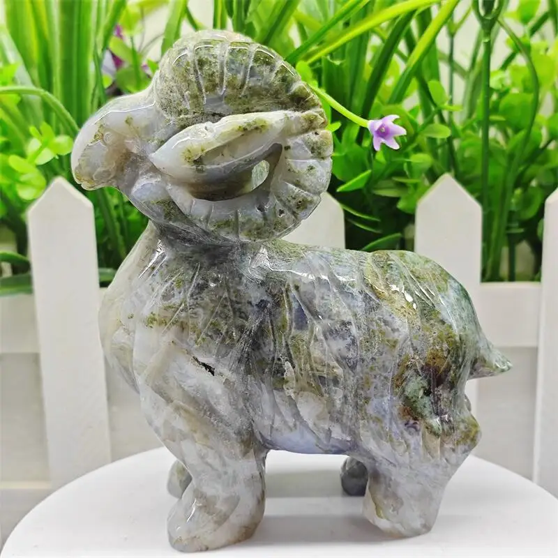 

Natural Moss Agate Sheep Goat Carving Reiki Healing Fengshui Stone Gift Home Office Decoration Gift 1PCS
