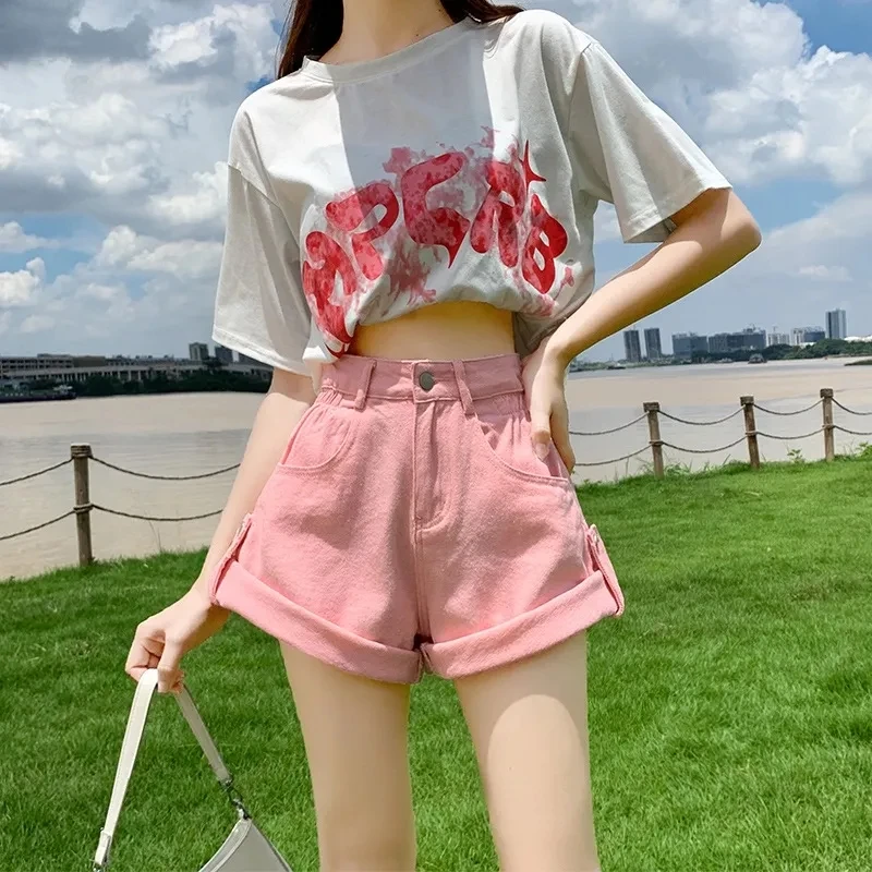 Summer High Waist Denim Shorts Women's Loose Korean A-Line Pants Female Wide-Leg Cowboy Shorts 2024 Women's Clothing