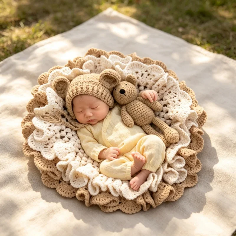 Flokati Newborn Photography Props Blanket Knitted Posing Mat Background Photography Accessories Bear and Rabbit Set Baby Photo