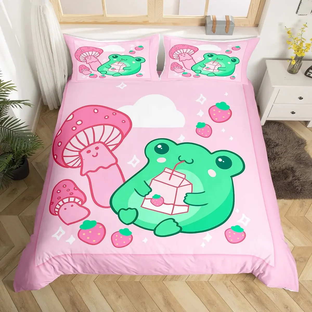 Cute Koala King Queen Duvet Cover Kids Girl Cartoon Animal Bedding Set Blossom Floral Comforter Cover Pink Polyester Quilt Cover