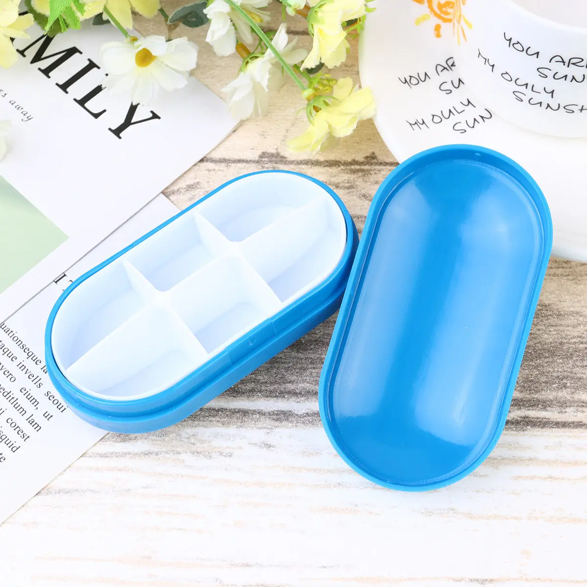 2Pcs Six-Slot Pill Box Premium Plastic Medicine Organizer Seal and Elevated Dividers for Spill-Proof Portable