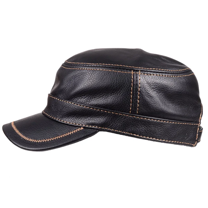 Hat Men Winter Male Genuine Leather Quality Cowhide Casual Thin Flat Top Cap Hombre Black Brown Solid Color Trucker Casquette