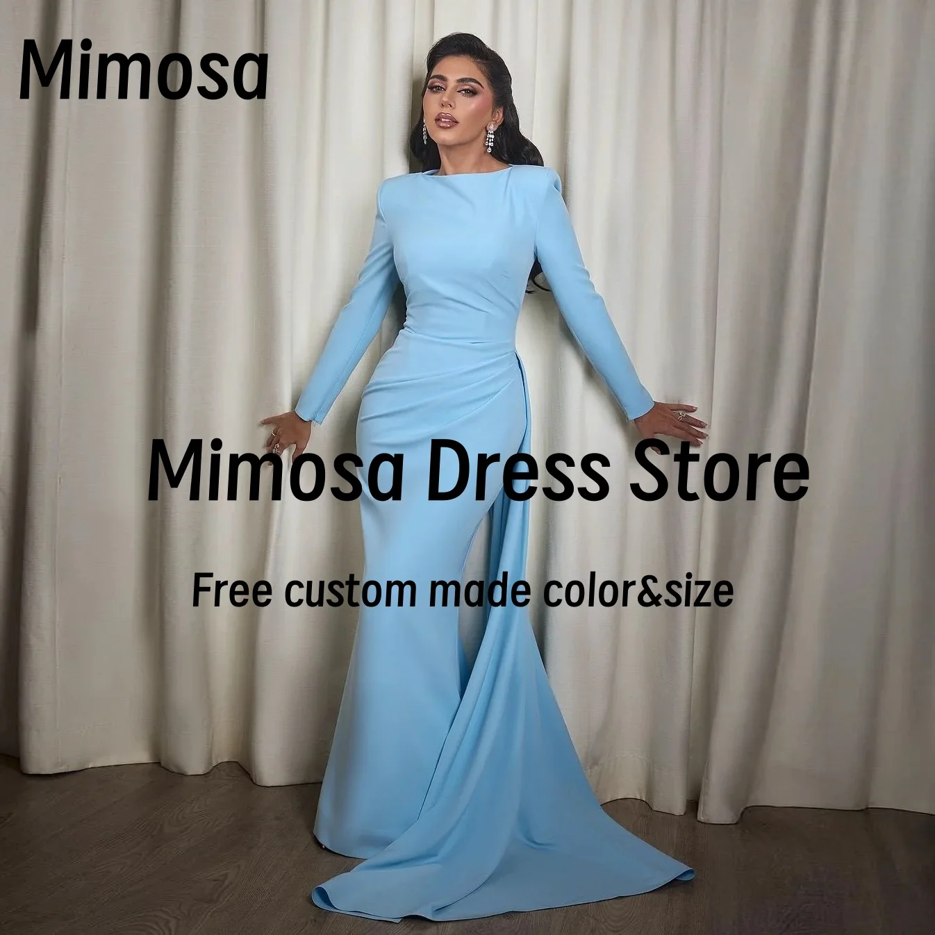 Mimosa Formal Banquet Evening Dresses O-Neck Long Sleeves Prom Dress Ruched Flutters Train Saudi Arabia Party Gowns Customized