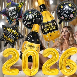 10Pcs 2026 Black Gold Happy New Year Balloon Set  New Year's Eve Party Atmosphere Decoration  Wine Bottle Aluminum  ballons
